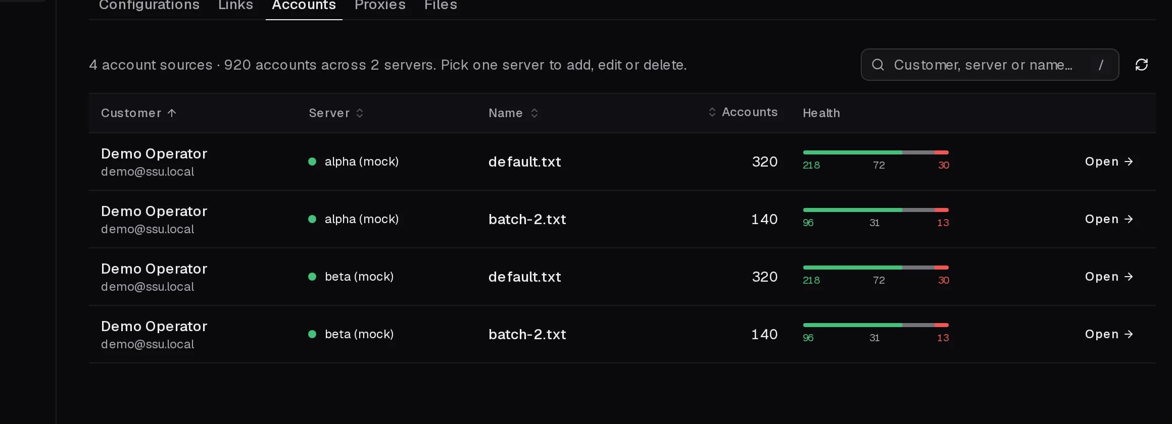 The library listing account sources with health bars