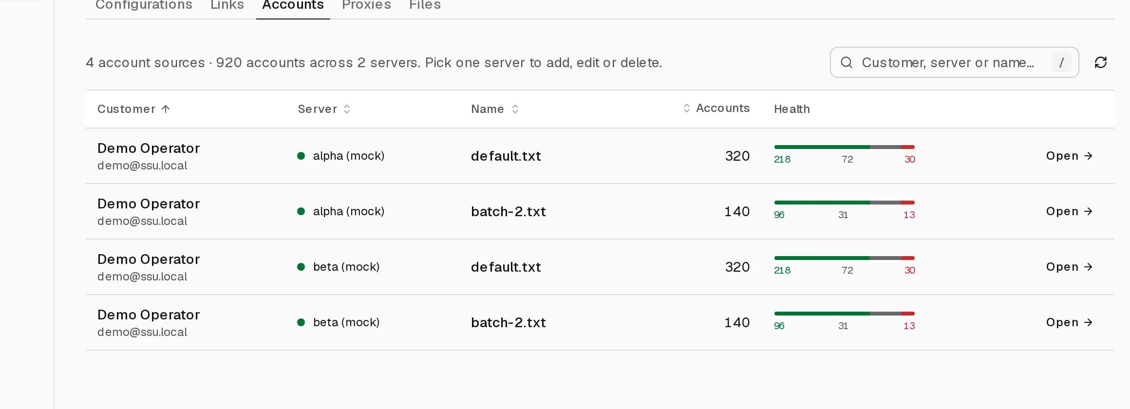 The library listing account sources with health bars
