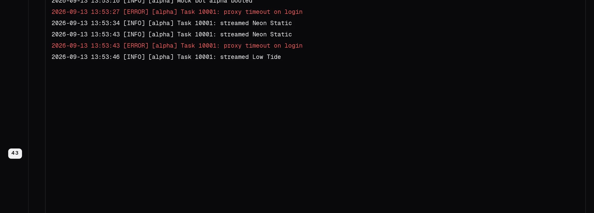 The live log viewer streaming bot output