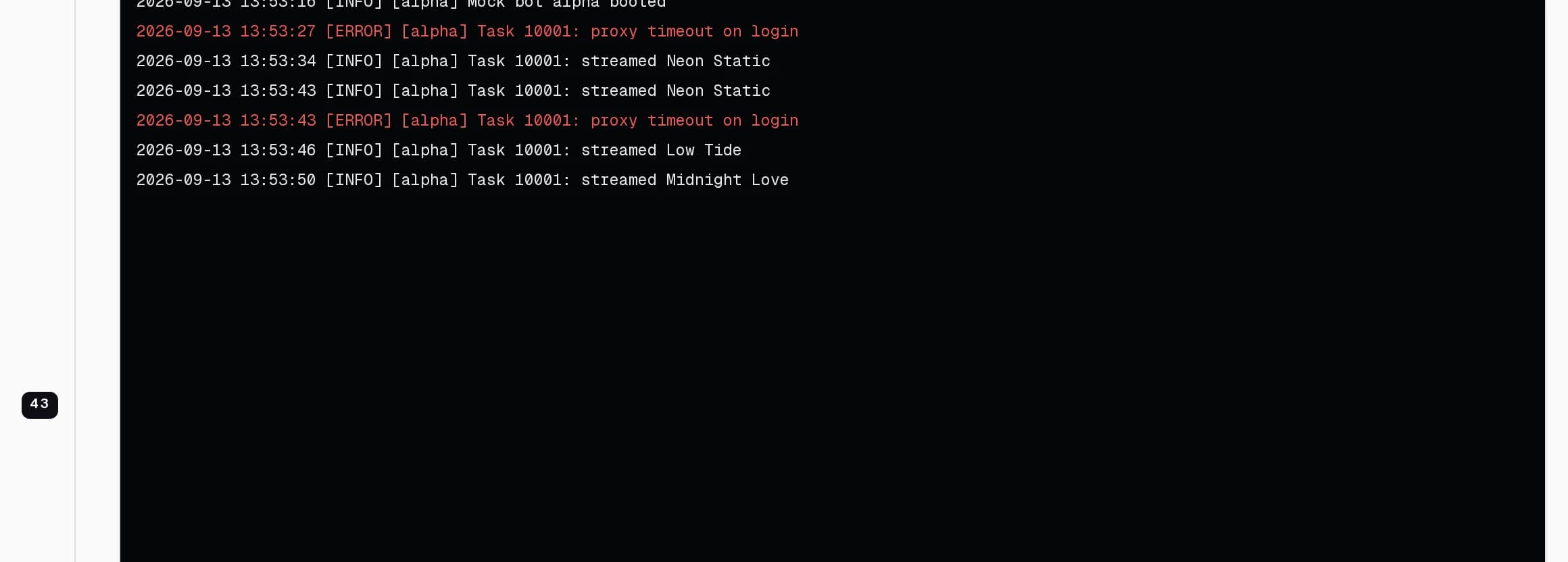 The live log viewer streaming bot output